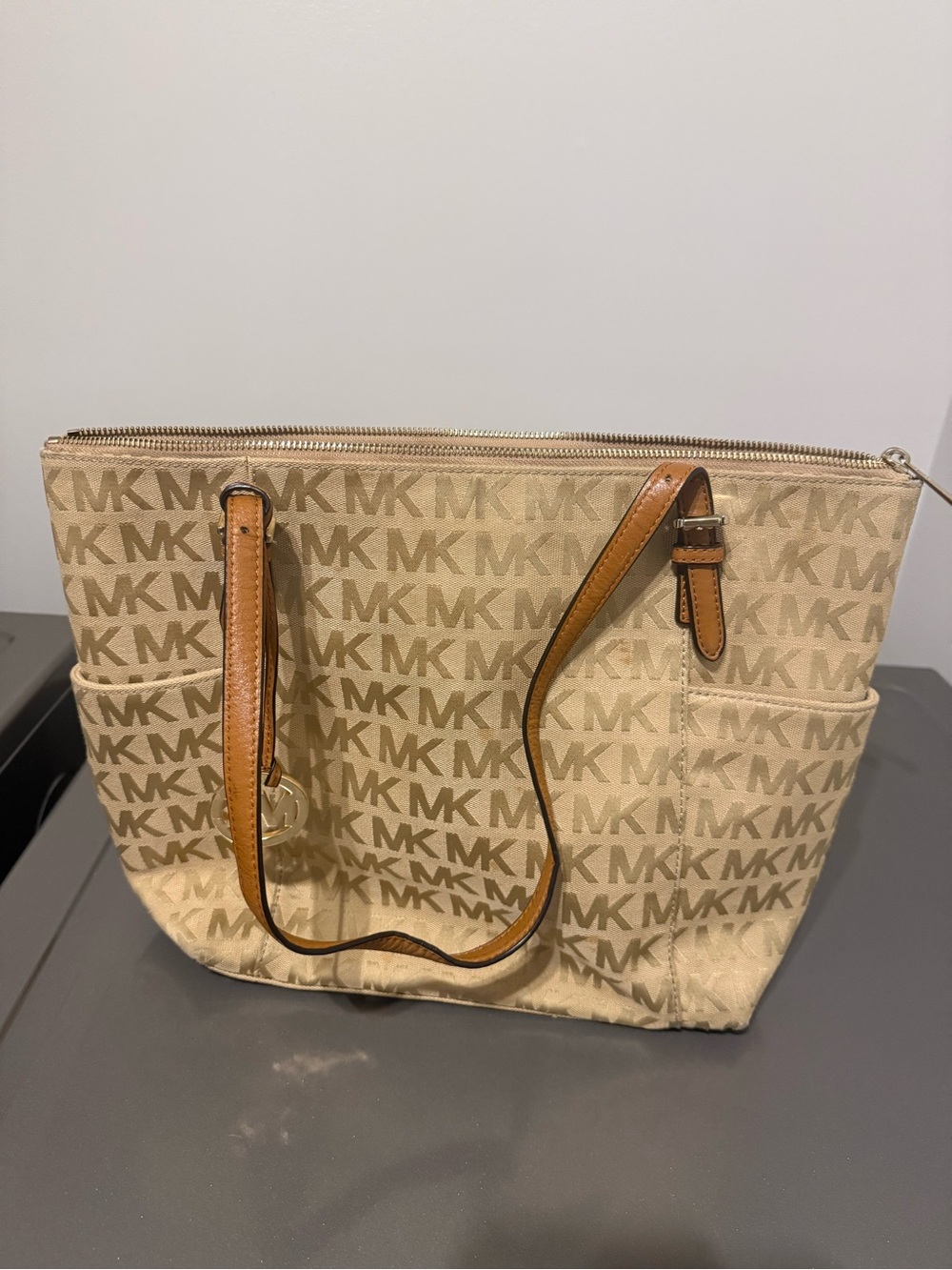 Michael Kors Tan Logo Print Tote with Brown Leather Straps